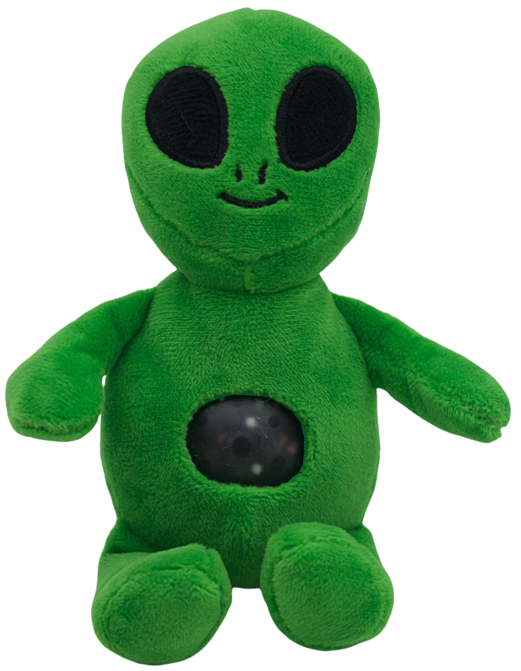 This is a plush toy in the shape of a alien. It has a green head and limbs, with a green face, chest, and feet. The alien's belly has a circular area with a green lightning - like pattern inside. This kind of toy is usually designed for stress relief. When you feel stressed, you can squeeze the circular part on its belly. The soft plush material and the unique touch of the circular part can help you relax. It is not only a cute toy but also a good helper for relieving stress.
