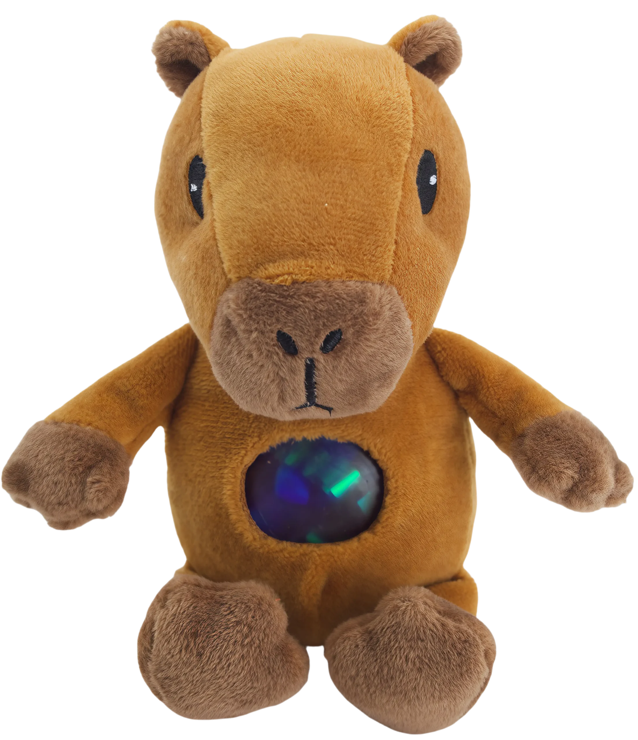 This is a capybara - shaped plush toy with a decompression ball feature. Its overall color is light brown, and the nose, palms, and soles of its feet are dark brown. The plush fabric is soft and comfortable to the touch. There is a round decompression ball on its belly, which is colorful and shiny. When you squeeze this toy, the decompression ball can relieve stress and make people feel relaxed. It is not only a cute toy but also a good helper for stress relief.